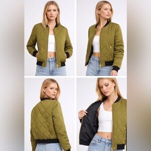 Mistress Rocks Olive Quilted Bomber Jacket Gold Zip Size Small
